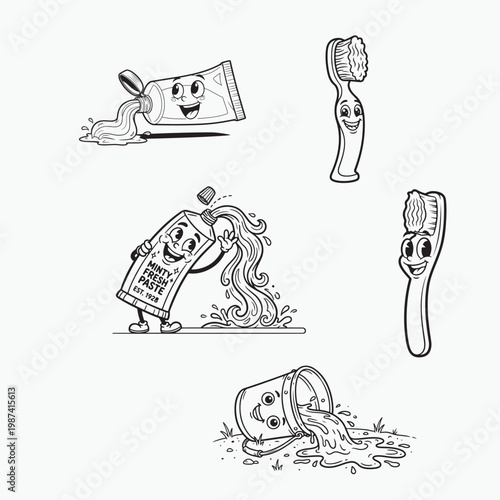 Whimsical cartoon toothpaste tubes and toothbrushes with expressive faces in a playful scene