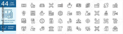 Dollar, economy, transaction icon set. Containing symbol icon cash, money, debt, payment, savings, piggy bank, wallet, expenses, coins money, penny, bank, value, wealth, investment, price, reserves.