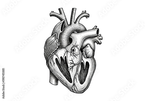 a highly detailed, anatomical illustration of a human heart, vintage 19th-century monochrome engraving style with precise halftone dots, isolated on a transparent background. Concept of physiological