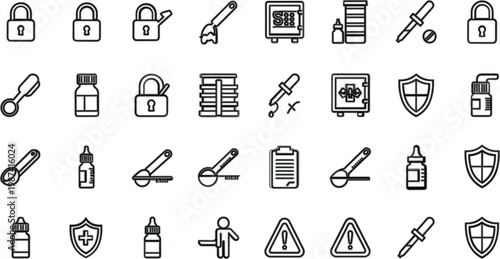Security and protection icon collection with locks, shields, tools and warning symbols, minimal line vector set for safety systems, access control and risk management design