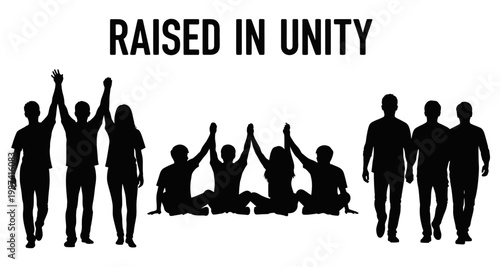 Silhouettes of diverse groups celebrating together with arms raised in unity and togetherness