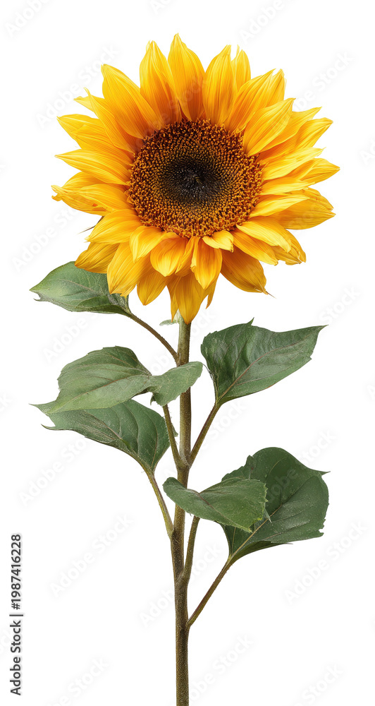 Fototapeta premium Isolated sunflower, bright yellow petals, dark center, green stem and leaves against a black background