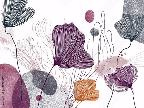 Abstract Floral Hand-Drawn Design with Colorful Shapes in Various Styles