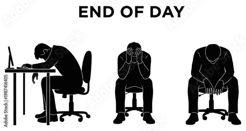 Silhouettes of exhausted office workers at the end of a long workday