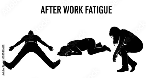 Silhouettes of exhausted people slumped after a long workday against a white background