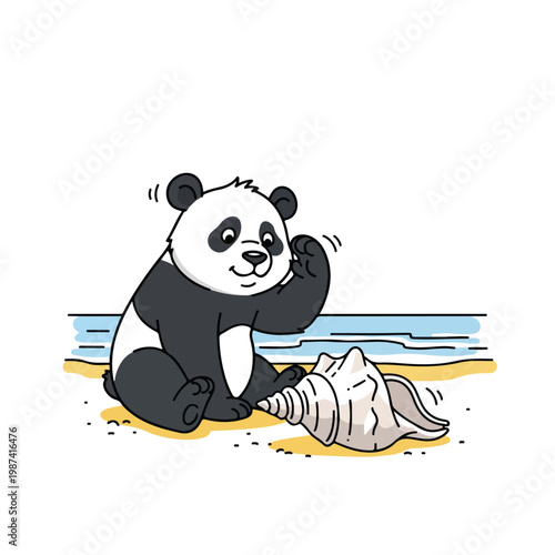 A cute panda sitting on a beach, playfully holding a large seashell up to its ear with a joyful expression, conveying a sense of curiosity and wonder in a serene coastal setting.