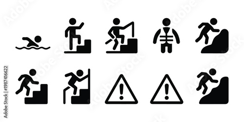 Set of black and white icons depicting safety measures and potential hazards in various environments and activities, including swimming, climbing stairs, and navigating treacherous terrain