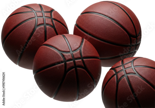 Hyper-photorealistic close-up of four mahogany brown leather basketballs with deep black channels, dynamically arranged on a transparent studio background with sharp rim lighting. Concept of