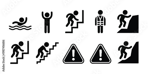 A Collection of Safety and Hazard Icons People Climbing, Stairs, and Warning Signs