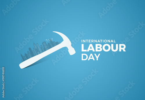 Labour Day Banner Design with Hammer and Urban Skyline, Construction Industry Concept Background