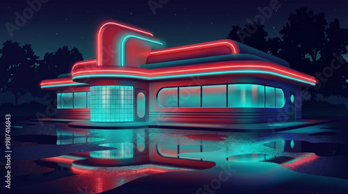 Neon lit building at nighttime scene.