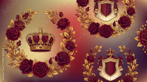 Golden crowns and crests with roses.