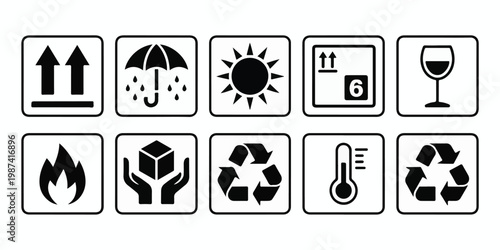 A collection of black and white shipping and handling icons representing fragile items, protection from elements, and recycling symbols
