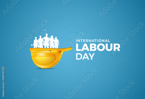 Happy Labour Day Concept with Construction Workers Standing on Safety Helmet, Minimal Industrial Background