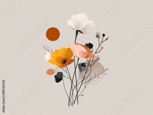 Modern Minimal Floral Design with Trendy Flat Colors, Featuring Elegant Flowers and Geometric Shapes