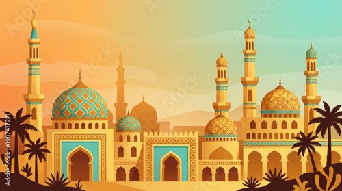 Large Mosque with Blue Domes Towers.