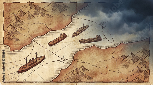 Vintage Warships on a Map.
