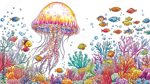 Colorful underwater scene with jellyfish, fish, and vibrant coral against a white backdrop