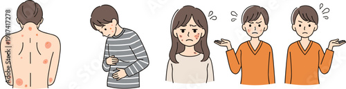 Skin Allergy Rash Illustration Set with Itching, Red Spots, Irritation Symptoms on Body and Face for Medical, Healthcare, Dermatology, and Wellness Design