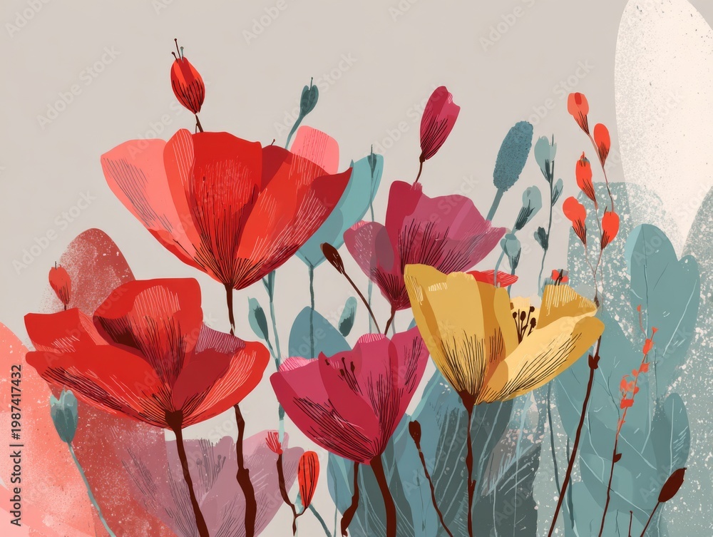 Obraz premium Vibrant Modern Floral Illustration with Diverse Colors and Creative Flat Design Elements