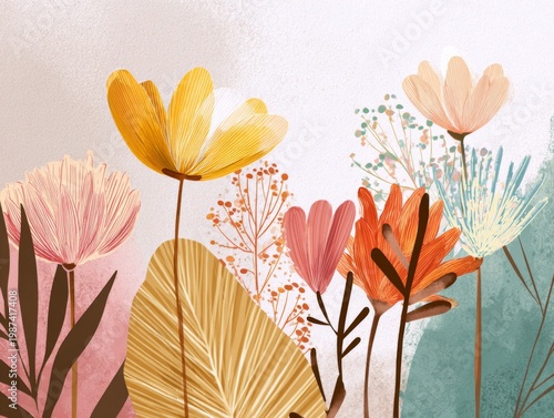 Creative and Modern Floral Illustration with Vibrant Colors and Flat Design Elements