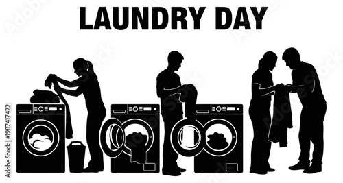 Silhouettes of people doing laundry with washing machines and clothes