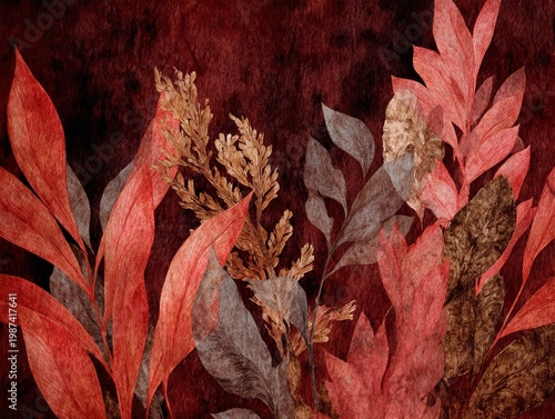 Modern Abstract Botanical Art with Vibrant Red and Earthy Tones for Contemporary Backgrounds
