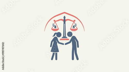 Justice And Equality Symbol Two People Shaking Hands Under Scales Of Justice