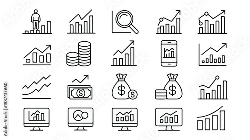 Comprehensive collection of modern line art icons illustrating financial growth, market analysis, business statistics, and investment trends, ideal for data visualization.