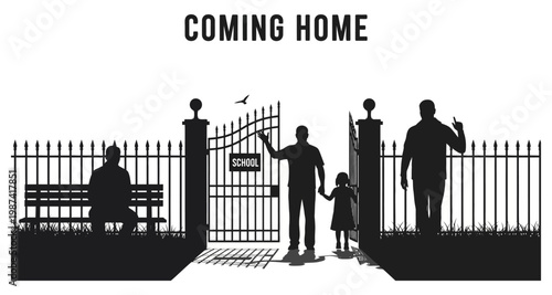 Silhouettes of people entering a school gate during the day