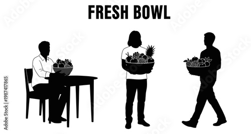 Silhouettes of people holding bowls of fresh fruit and vegetables for healthy eating