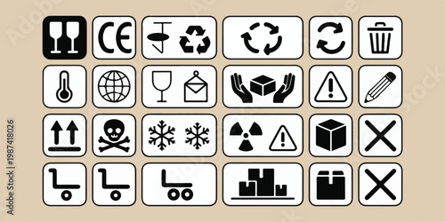 A set of 24 minimalist black and white icons representing packaging, shipping, and safety symbols