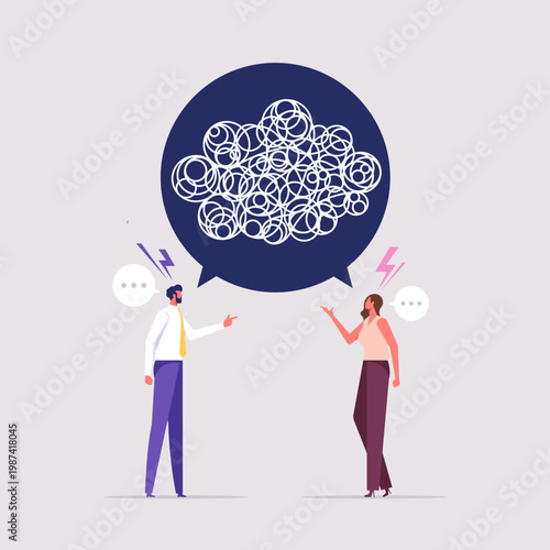 Quarrel between office employees concept, angry businessman and woman arguing fiercely, with a tangled scribble in a speech bubble representing their conflict