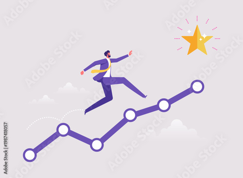 Progress or journey to success or achieve goal concept, business step or career path, ambitious businessman run on progress bar to achieve success