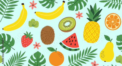 Tropical fruit pattern vector with bananas, pineapple and watermelon, colorful summer food background with monstera leaves and exotic foliage