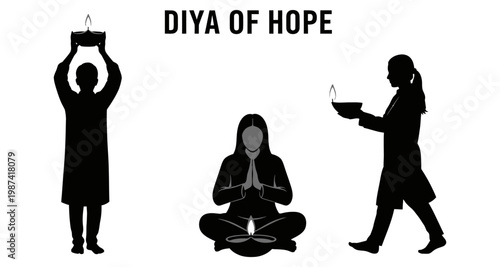 Silhouettes of people holding diyas with hope during a festival
