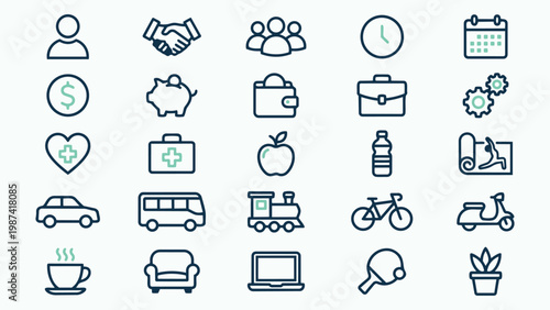 Comprehensive Set of 25 Minimal Line Icons Covering Business Travel and Daily Life