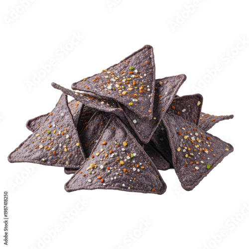 highly textured macro shot of a central pile of blue corn chips seasoned with red chili and salt, isolated on a transparent background for copy space, concept for commercial food product