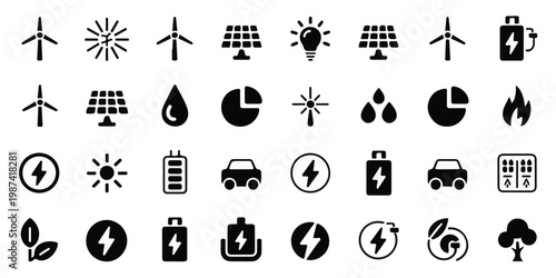 A collection of diverse icons representing renewable energy, power, and sustainability concepts in a black and white design