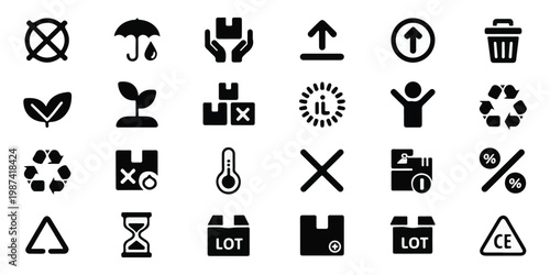 Set of 30 black and white industrial icons for logistics, shipping, and packaging