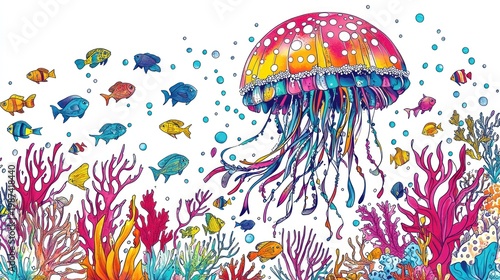 Colorful underwater scene with jellyfish, fish, coral, and bubbles, illustration