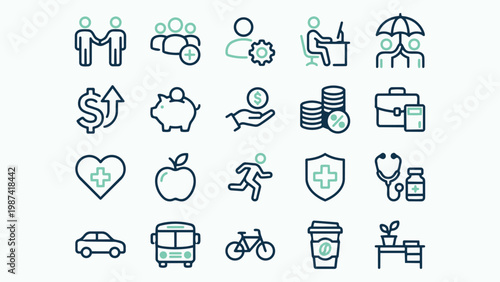 Set of 20 Business and Lifestyle Line Icons in Teal and Navy Blue