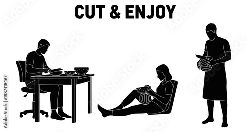 Silhouettes of people preparing and enjoying food with a clean white background