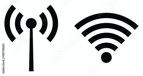 Collection of Wi-Fi and broadcast tower symbols representing wireless communication and signal transmission