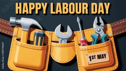 Happy Labour Day 1st May illustration with worker's tool belt, hammer, wrench, screwdriver, and pliers on a dark background. Work celebration graphic.