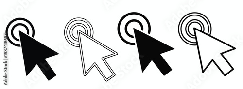 Set of four mouse cursor icons, including solid black, outlined black, solid white and outlined white, all with a circular highlight indicating a click action