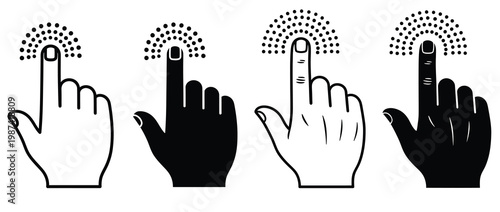 Monochrome set of hand gesture icons depicting a finger tapping or touching a digital screen, symbolizing user interaction, selection, and clicking on various modern interfaces. Vector graphic
