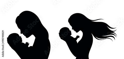 Mother and baby silhouette vector set, black profile of woman holding newborn infant, maternal love and parenting concept icons
