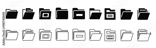 Simple black and white vector icons of open file folders in outline and solid styles, representing digital organisation and data storage symbols flat folder icons for documents, Vector illustration.