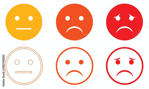 Set of vector emoji icons showing a spectrum of emotions from neutral to deeply sad, in both solid and outline styles, ideal for user feedback and rating systems